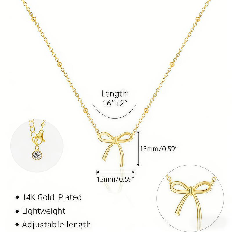17KM 14K Gold Plated Bow Necklace for Women - Dainty Tiny Cute Bow Pendant Choker Chain - Adjustable Length with Lobster Clasp - Trendy Jewelry Gift