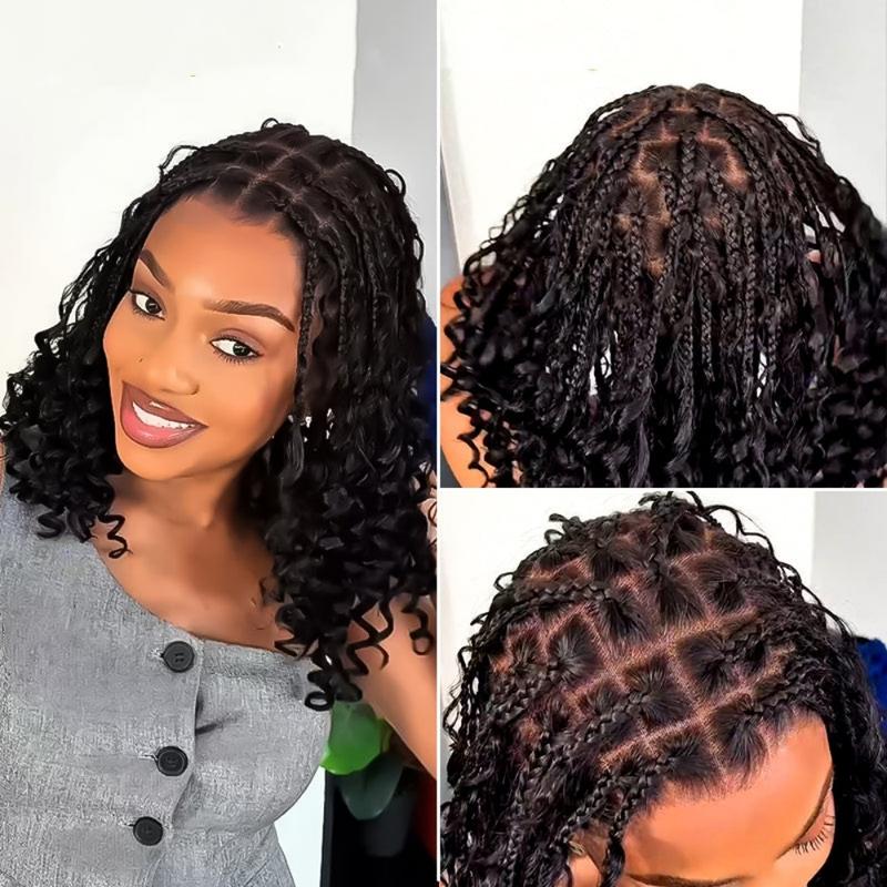 Flash Sales Braided Wig Knotless  Braids Wig 16''Boho Briaded Wigs Box Braid Human Hair Curls Flexi-Fit Invisi Drawstring Cap HD Full Lace Super Natural Scalp