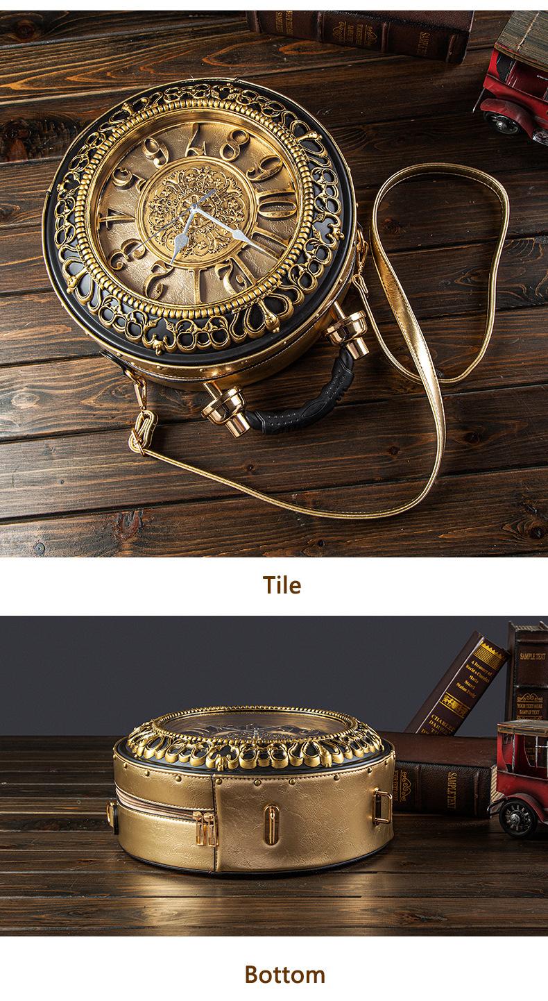 Ladies' Retro Roman Digital Clock Face Crossbody Bag with Adjustable Straps Golden Hardware Zipper Closure Bell-shaped Design Large Dial Black Hands Casual Flap Pocket