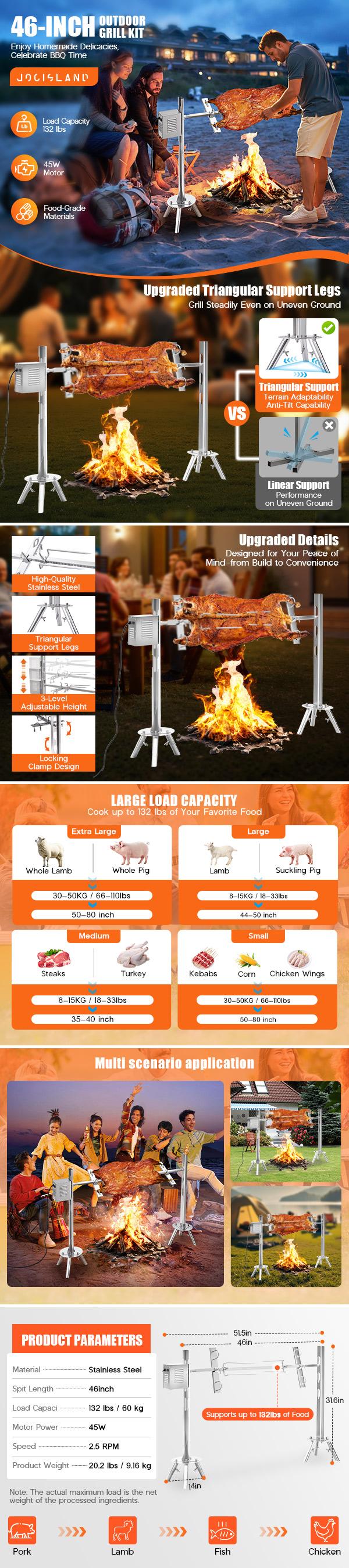 AMERLIFE Electric Rotisserie Grill Kit with Windscreen, 46" Height-Adjustable Charcoal Roaster, 132 Lbs Capacity, 45W Motor, Stainless Steel Spit with Lockable Wheels for Outdoor Camping Portable Bbqs Rotating