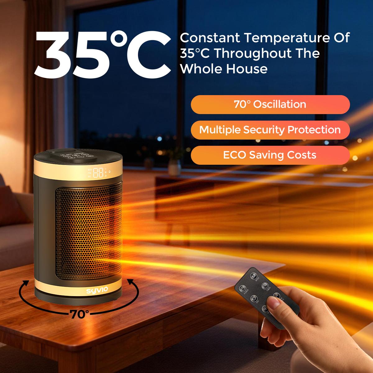 Syvio space heater Indoor Small Portable Electric Heater with Thermostat Remote Control 70° Oscillation 12-Hour Timer 5 Modes 1500W 120V PTC Ceramic Fast Safe Heating