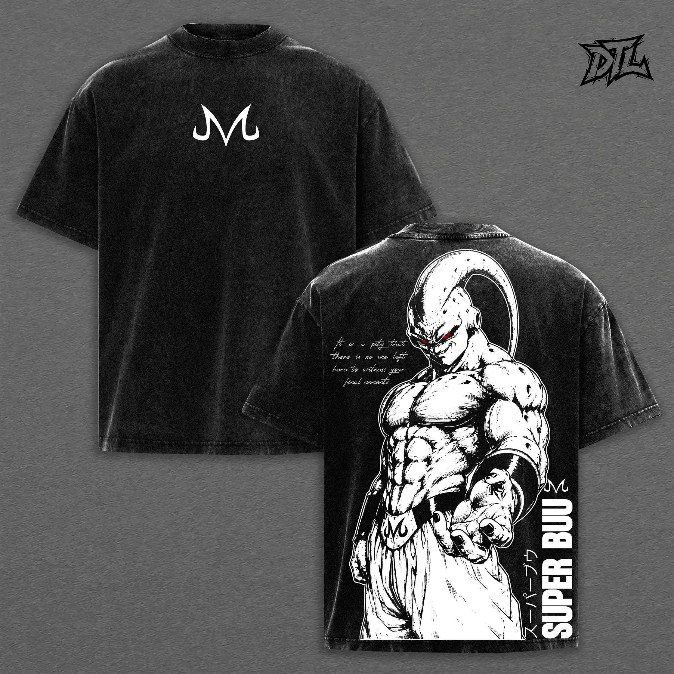 DBZ Super Buu Acid Wash T-Shirt | Oversized Heavyweight Anime Tee Majin Buu Red Eyes Graphic Print Majin Symbol Vintage Goth Grunge Streetwear Top Unisex