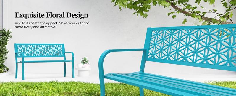 VINGLI 50" Outdoor Bench Metal with Floral Back, Garden Bench Front Porch Bench for Yard Patio Entryway Park, 800lb Capacity