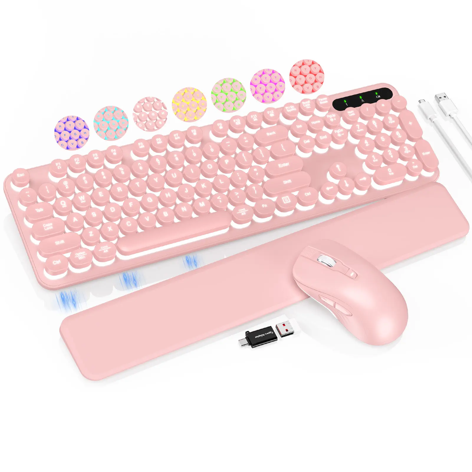 SABLUTE CK23PRO Wireless Keyboard & RGB Wireless Mouse Set, 7-Color Backlight, Retro Round Keycaps, Detachable Wrist Rest, Rechargeable, 2.4GHz Connection, Dual-System Layout for Windows (Non-Bluetooth), Ergonomic Keyboard Pad tiktokshopbacktoschool, Batt