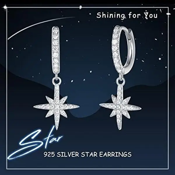 925 Sterling Silver Hoop Earrings Star Compass Dangle Drop Earrings for Women Girls - Dimension: 26 * 12 mm
