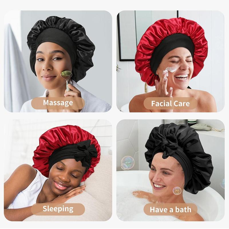 AWAYTR 2PCS/Set Satin Bonnets Silk Like Bonnet for Sleeping Double Layer Hair Cap with Elastic Tie Band for Curly Hair Night Cap Gifts