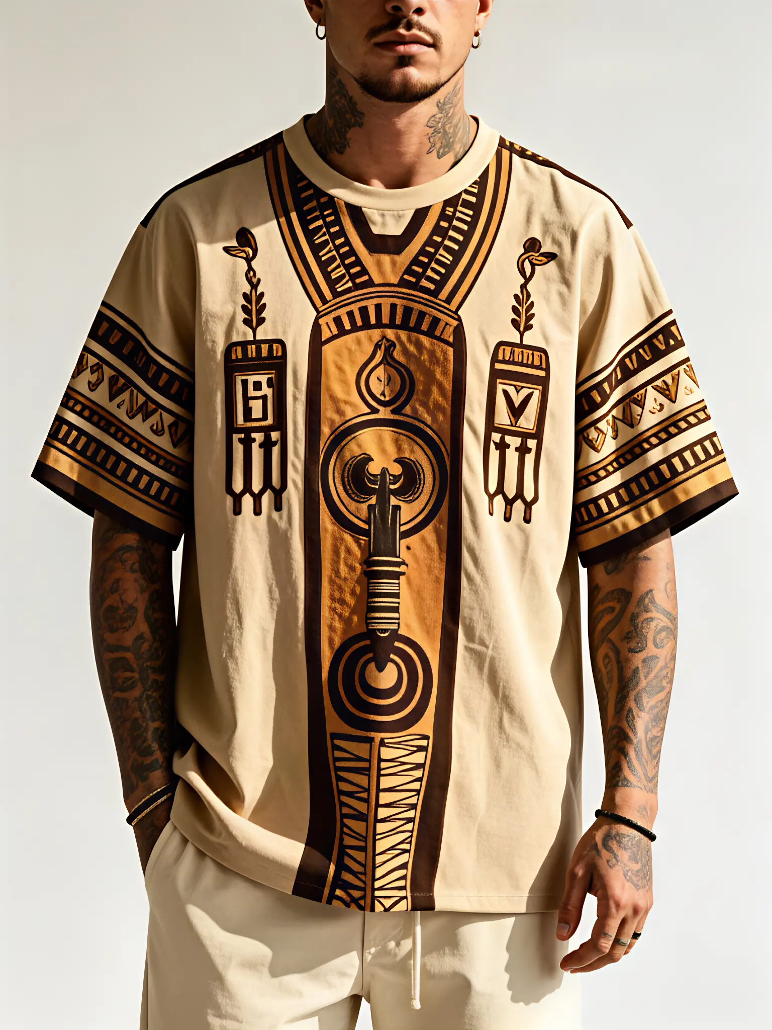 Men's Oversized Tribal Totem T-Shirt - Vintage Tribal Print Short Sleeve Round Neck Tee, Machine Washable Suitable for Parties, Casual Wear & Events, Spring/Summer Breathable Athletic Top