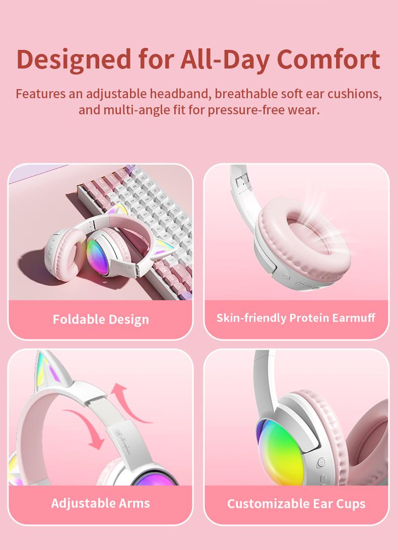Wireless Bluetooth cat ear headphones with LED lights, foldable, over-ear design, built-in microphone, long battery life, suitable for mobile phones, tablets, iPads, and laptops. A cute gift for children, teenagers, and adults.