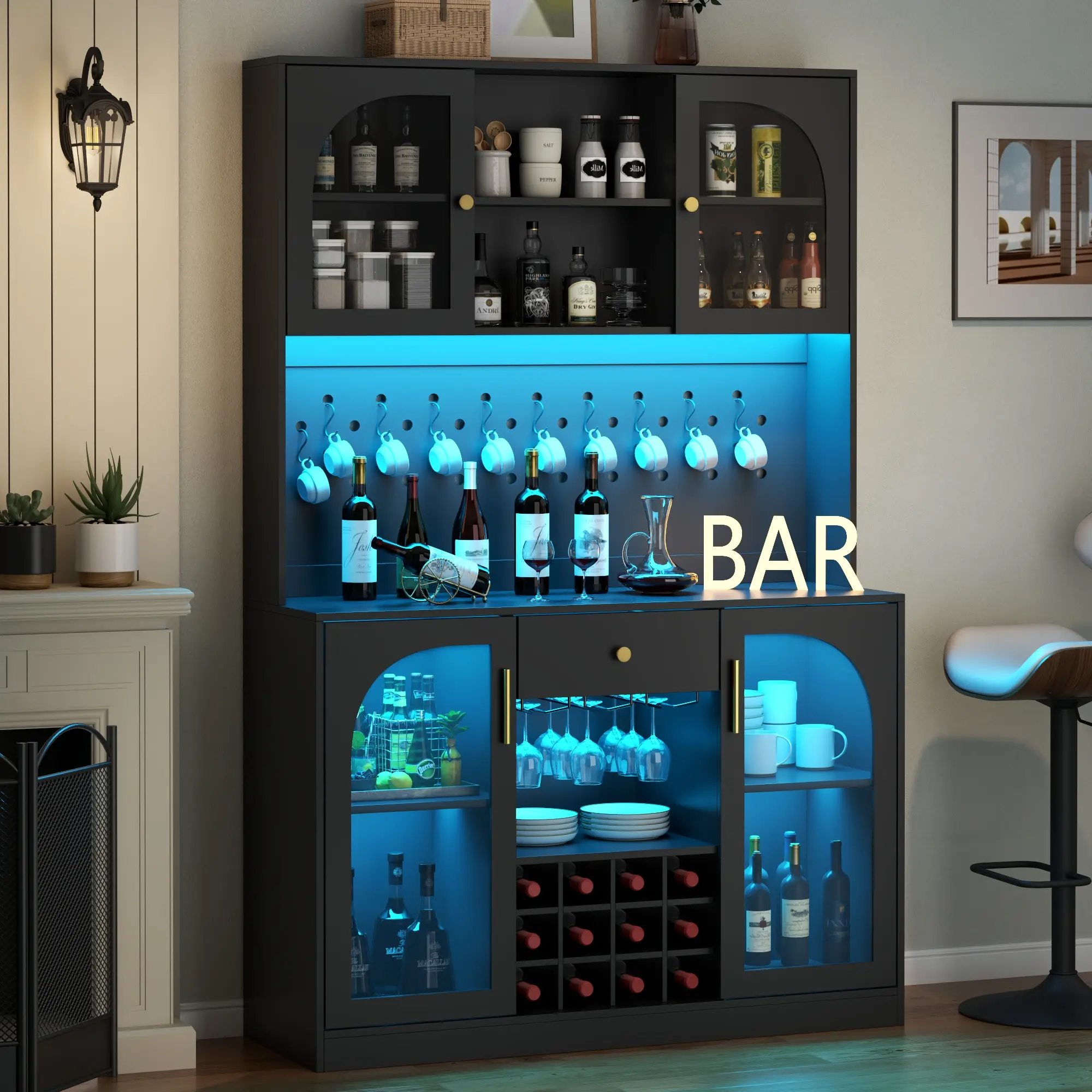 Gyfimoie 72'' Tall Kitchen Pantry Cabinet with Led Light - Kitchen Hutch Cabinet with Pegboard & Glass Doors, Black Pantry Cabinets with Drawers & Wine Racks