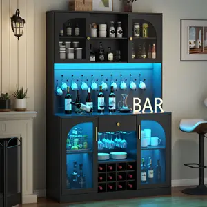 72'' Tall Kitchen Pantry Cabinet with Led Light - Kitchen Hutch Cabinet with Pegboard & Glass Doors, Black Pantry Cabinets with Drawers & Wine Racks