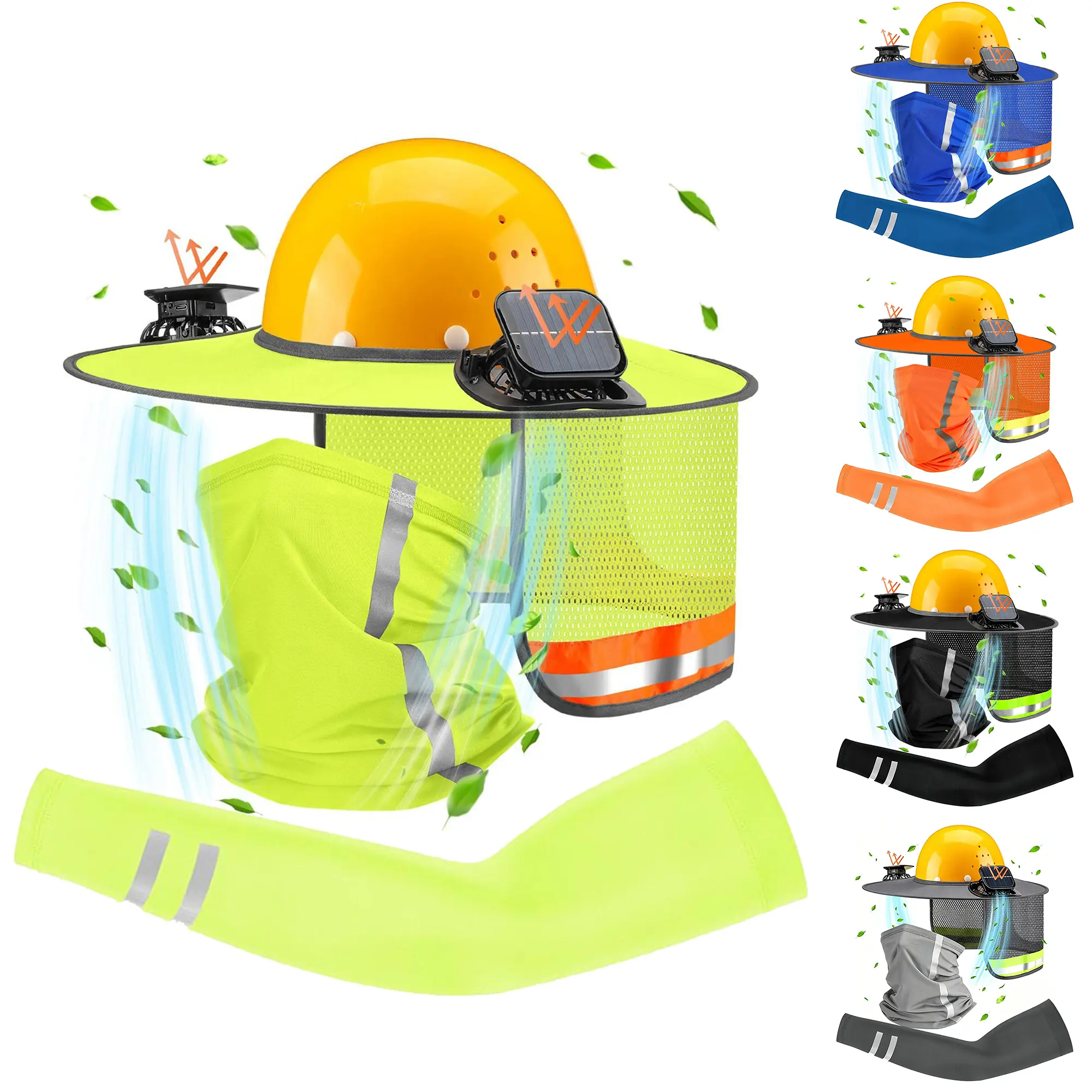 3Pcs Hard Hat Accessories - Cool Gadget for Safety Helmets, Full Brim Hardhat with Solar Fan,Sun Protection Mask and Sun Protection Ice Sleeves, High Visibility Reflective Neck Shield, Visor for Construction Head Protection Work Safety Equipment