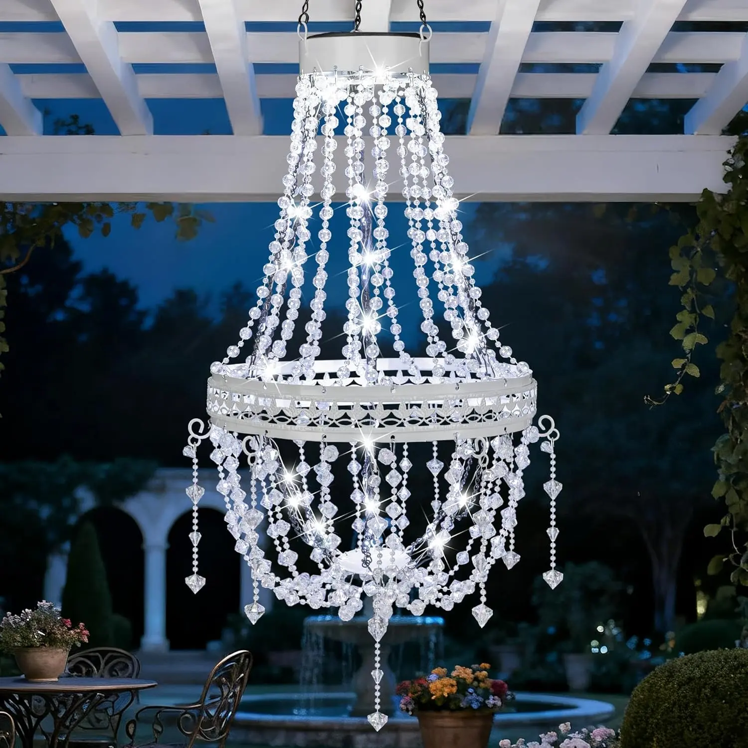 32-In Outdoor Solar Crystal Beaded Chandelier - Waterproof Modern LED Lantern with Powerful Lithium Batteries, Push Button Auto Shut-Off, Outdoor Garden Lights for Gazebo Patio Home Improvement Solar Lanterns Decoration, Gazebos
