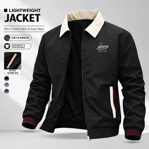 Men’s turn-down collar casual zip-up jacket, lightweight and comfortable windproof fabric, regular fit letter print zip, suitable for everyday outings, commuting, work, sports, casual wear, and campus life