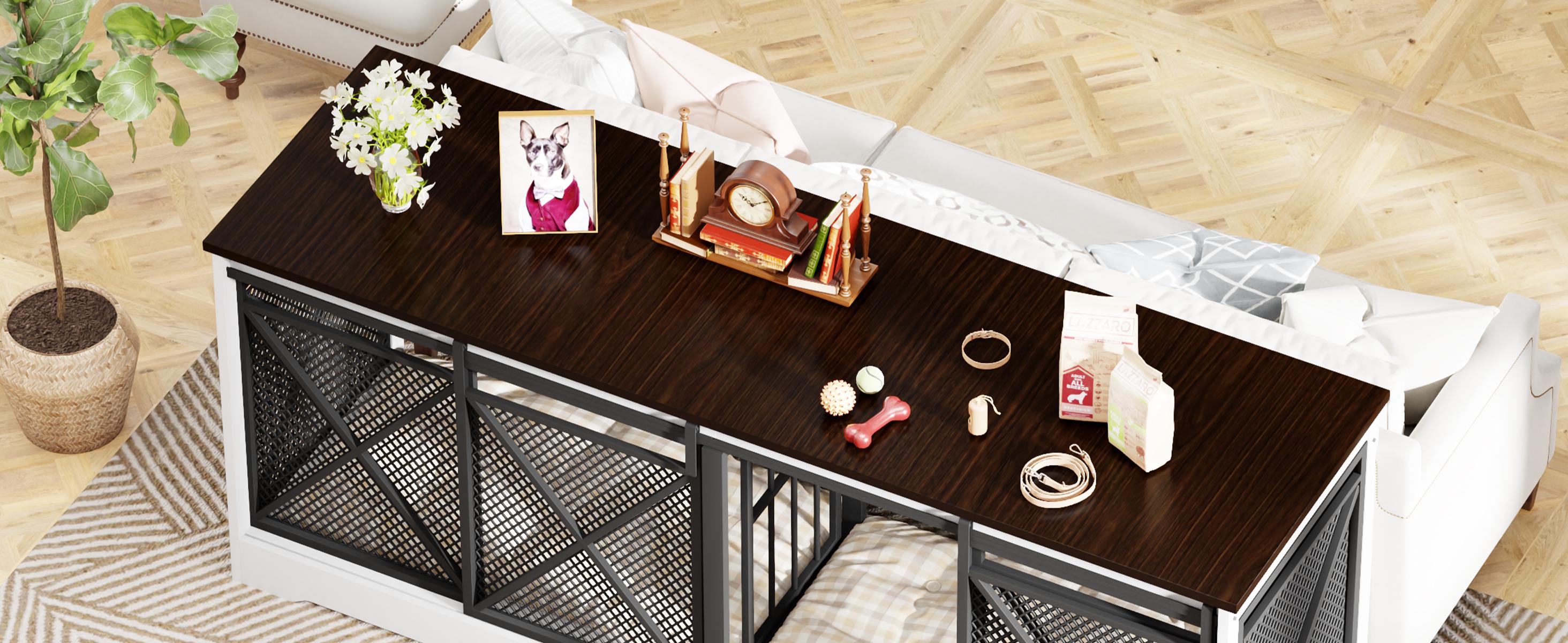 COZPAW 78" Double Dog Crate Furniture for 2 Dogs,Extra Large Furniture Style Dog Kennel,Heavy Duty Wooden XL Dog Cage with Removable Divider,Pet Cage TV Stand & Side Table (White Brown)