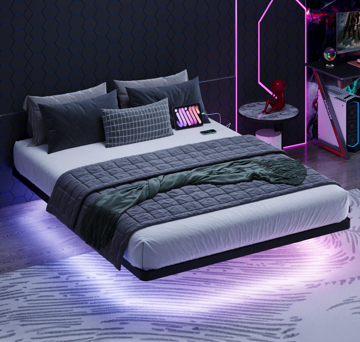 MUTICOR Floating LED Iron Bed Frame with Metal Slats【No Mattress】Headboard Outlets and Multi-Color Lighting, No Box Spring Needed, Twin/Full/Queen/King