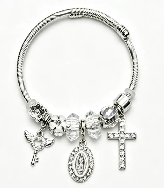 Tone Silver Snake Chain Charm Bracelet Rhinestone Cross Saint Medal Wing Key Clear Crystal Floral Bead Religious Women Jewelry Gift