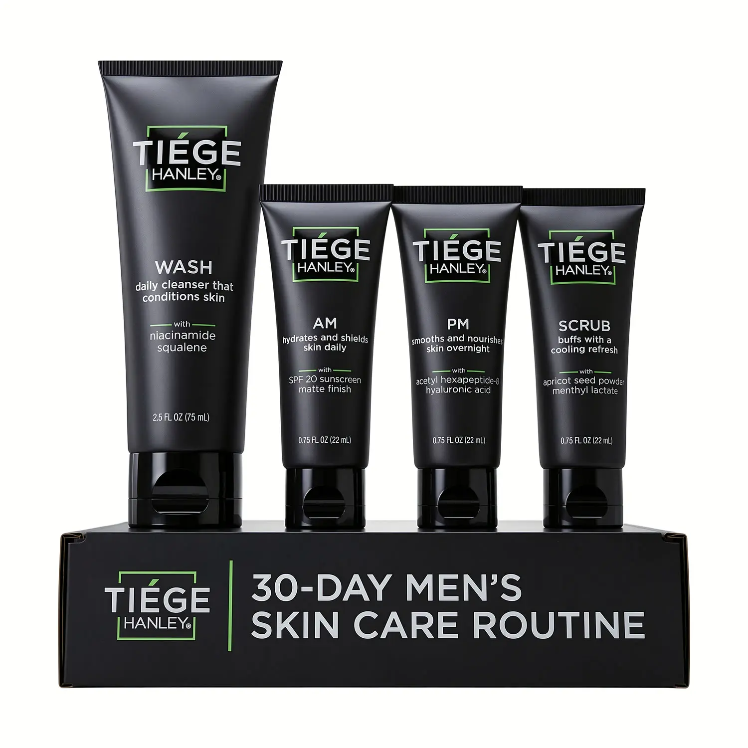 Tiege Hanley Skincare System (Levels 1-3) - Face Wash + Exfoliating Scrub + AM SPF Moisturizer + PM Night Cream + Eye Cream + Peptide Retinol Serum