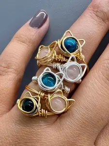 Cat Blue Tigers Eye or Pink Quartz Wire Wrapped Ring