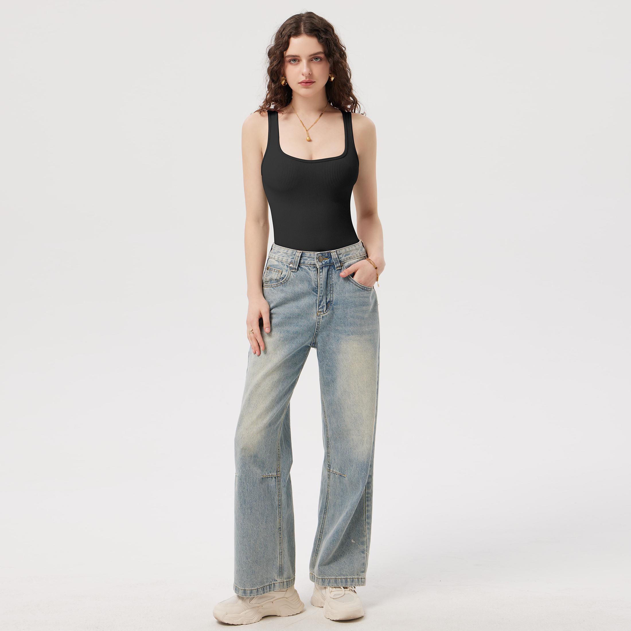 OQQ Women's Bodysuits Sexy Ribbed Sleeveless Square Neck Bodysuits