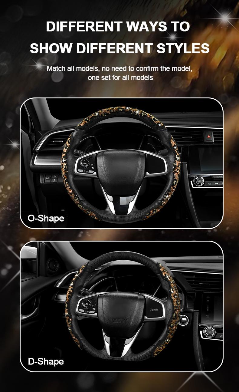 Queen's Land Leopard Print Diamond Bling Sparkly Car Steering Wheel Cover with Crystal Rhinestones, 3PCS Segmented Stylish Protector, Universal 13-15 Inch Fit for Women;Christmas Gift;Holiday Gift,car accessories for girls