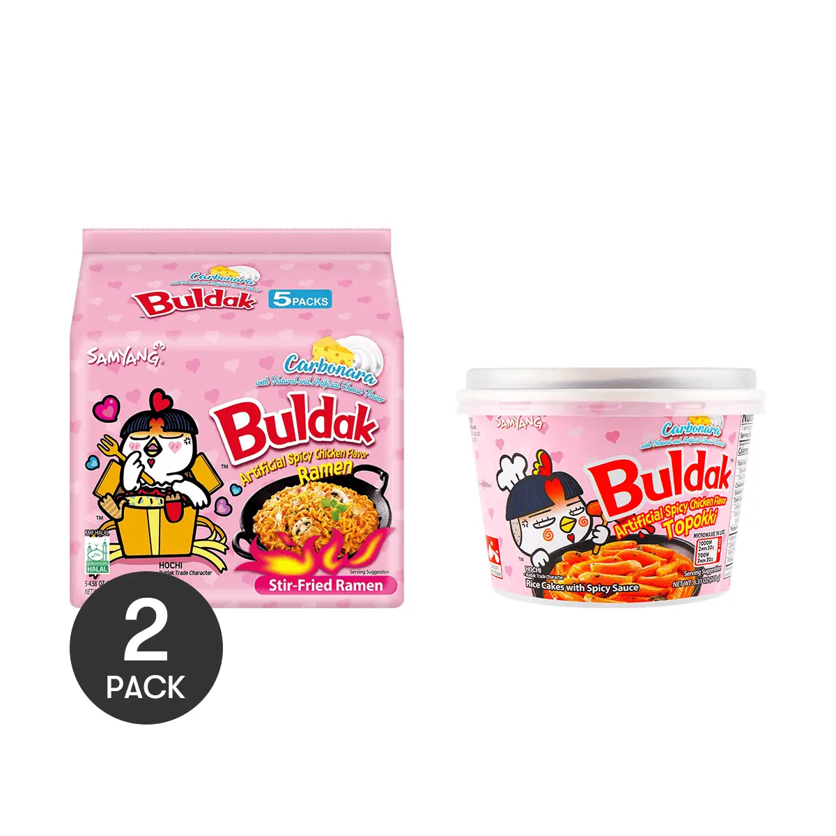 SAMYANG Korean Buldak Carbonara Ramen 5 Packs* 4.58oz+Carbonara Topokki 6.31 oz,Spicy Chicken Cheese Flavor 【2 Packs】 Instant Food Springtok