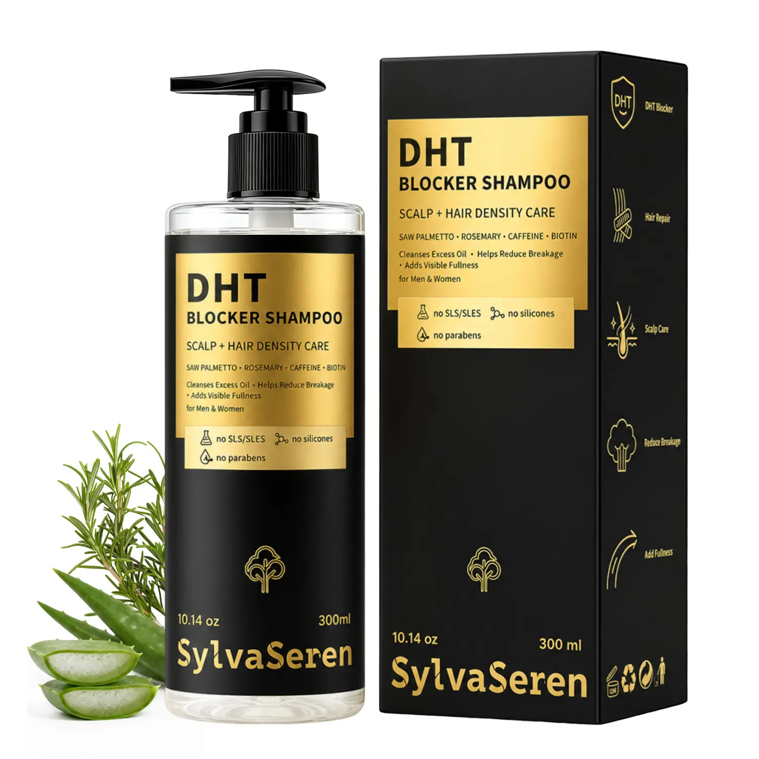 SylvaSeren DHT Blocker Shampoo 300ml - Scalp & Hair Density Care with Saw Palmetto Rosemary Caffeine Biotin for Men & Women
