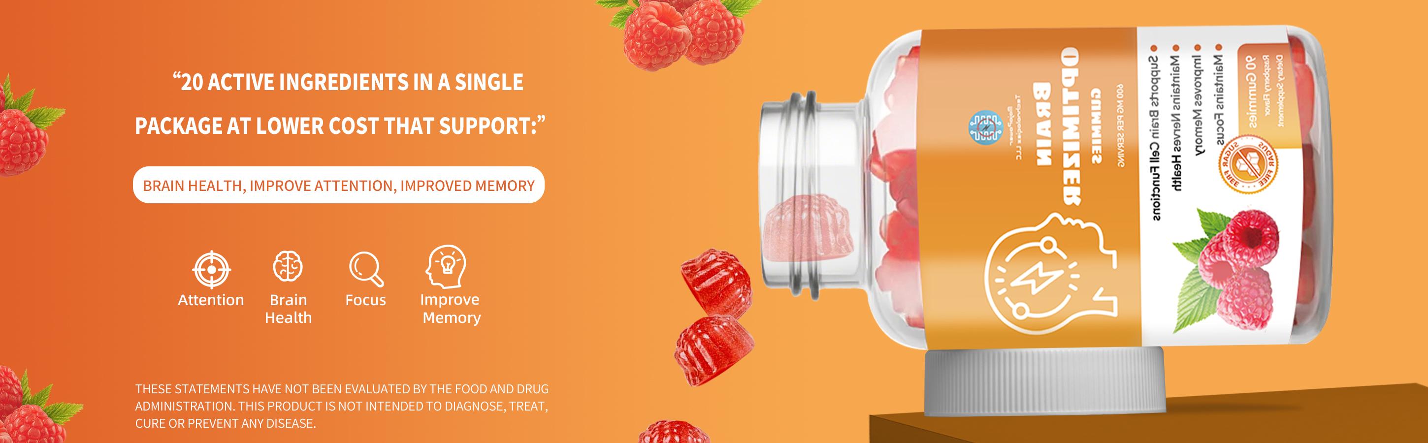 Brain Optimizer Gummies | Memory, Focus & Attention Support | Cognitive Health Supplement with Magnesium, Omega 3 & Ashwagandha | 90 Raspberry Flavor Gummies