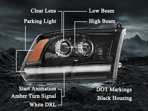Partsam Full LED Projector Headlights for 2009-2018 Dodge Ram 1500 2500 3500 Upgrade Complete Assembly Black Housing IP67 Waterproof DOT Compliant