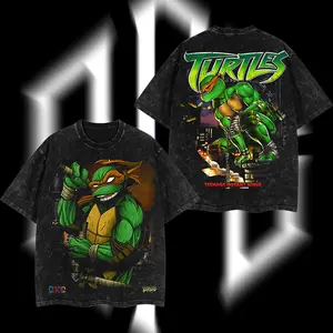 Superstyle The Party Dude Mikey Nunchaku Master "Michelangelo" - The Teenage Mutant Ninja Turtles Heroes TMNT Edition Double Printed Oversize Lightweight Acid Washed Tee TV Series Graphic Design Top Cotton Streetwear Movies Film T-Shirt Clothes Menswear