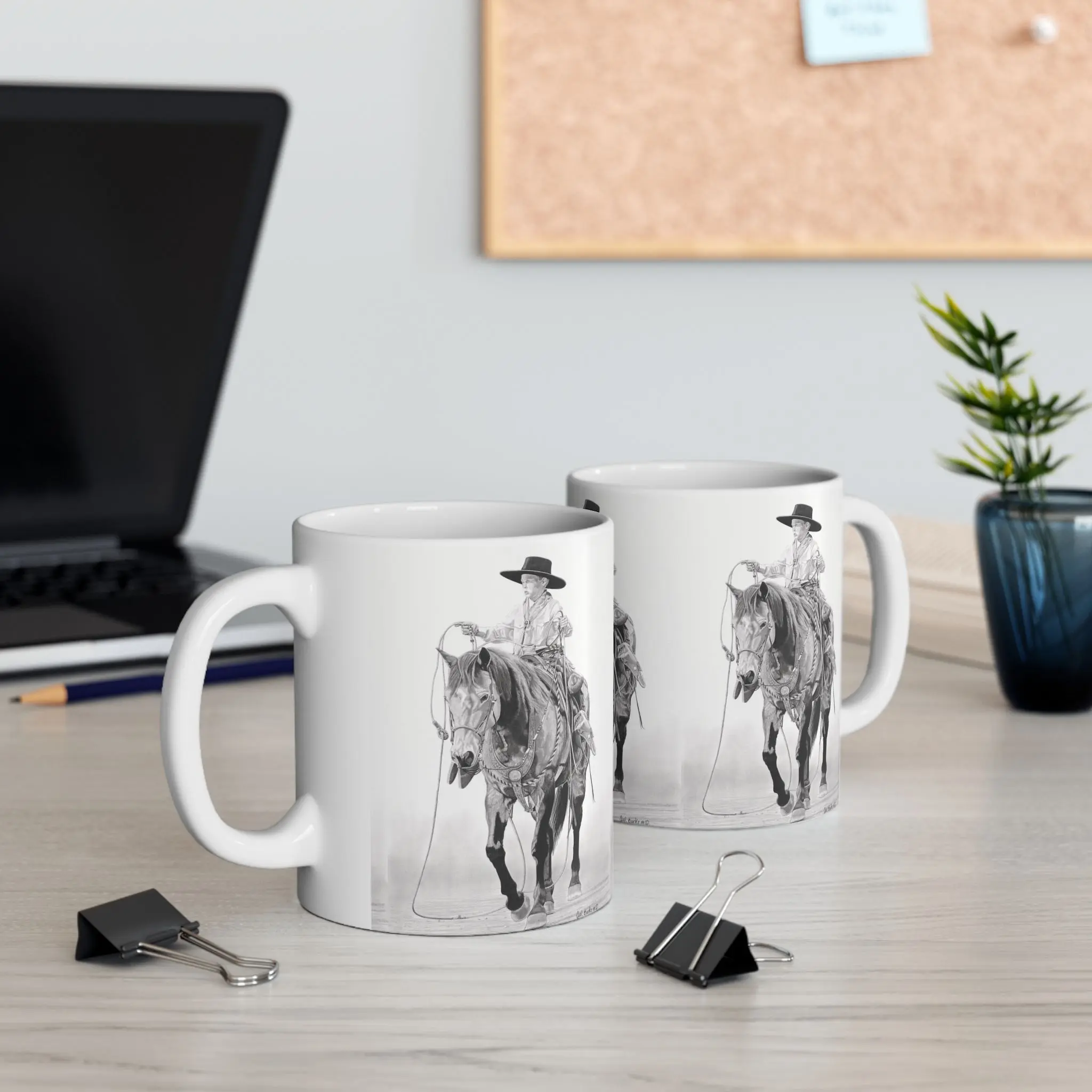Cowboy on Horse Mug | Western Rodeo Sketch Ceramic Coffee Cup