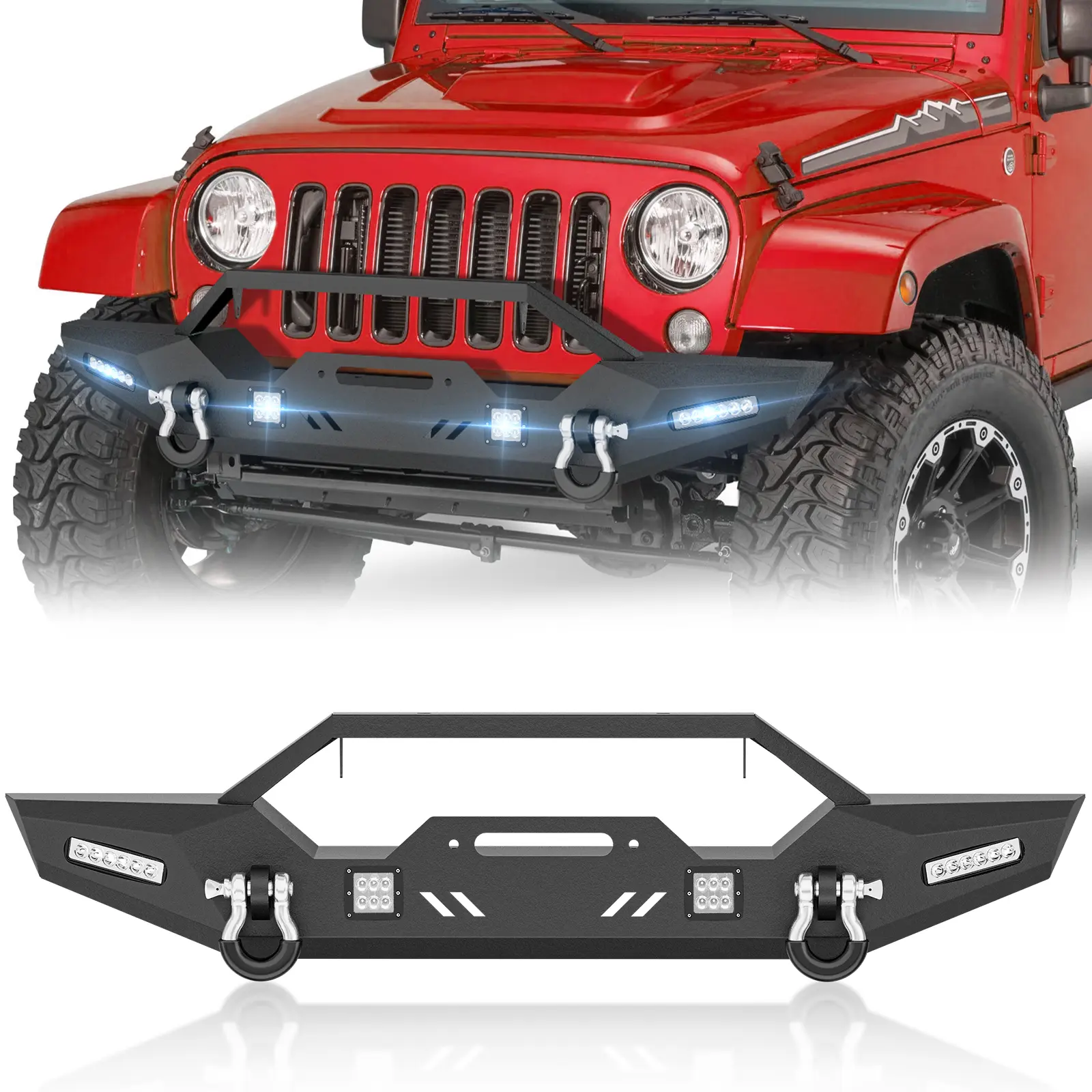 YZONA Carbon Steel Front Off-Road Bumper for Jeep Wrangler JK JKU 2007-2018, with 12,000 lbs Winch Plate, 4x18W LED Lights, 2x4.75-t D-Rings, Complete Car Exterior Accessories, 2 X 4.75-Ton D-Rings, 4 X 18W Led Lights, Vehicle, Car Accessories