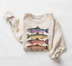 Abstract Colorful Trout In A Row Sweatshirt - River Fish Trout Species Outfit - Fly Fishing Gift - Boho Unisex Crewneck Sweatshirt