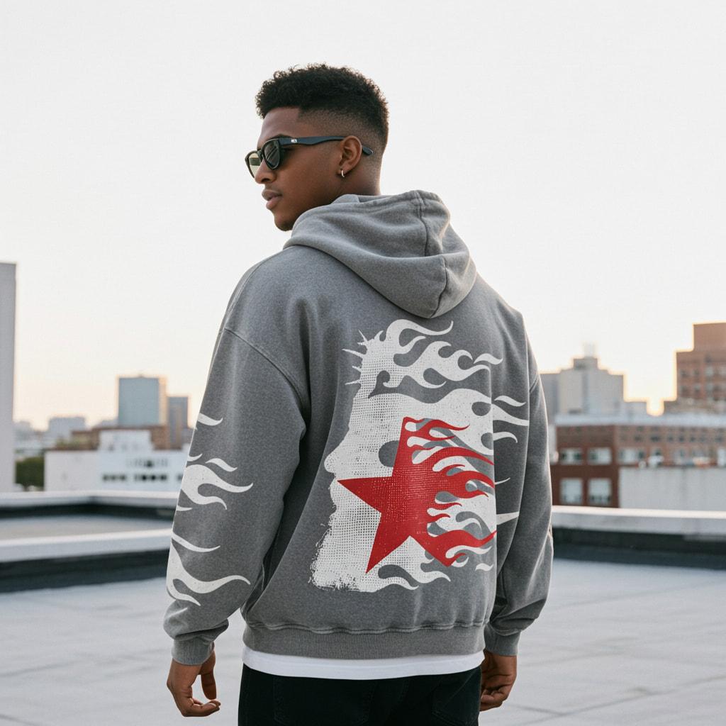 Sopula Studio Men's Sopula Vintage Flame Jesus Son of God Graphic Washed Hoodie Menswear Sweatshirts 100% Cotton Printed Casual Long Sleeve Streetwear