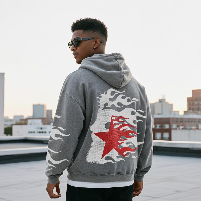 Sopula Studio Men's Sopula Vintage Flame Jesus Son of God Graphic Washed Hoodie Menswear Sweatshirts 100% Cotton Printed Casual Long Sleeve Streetwear