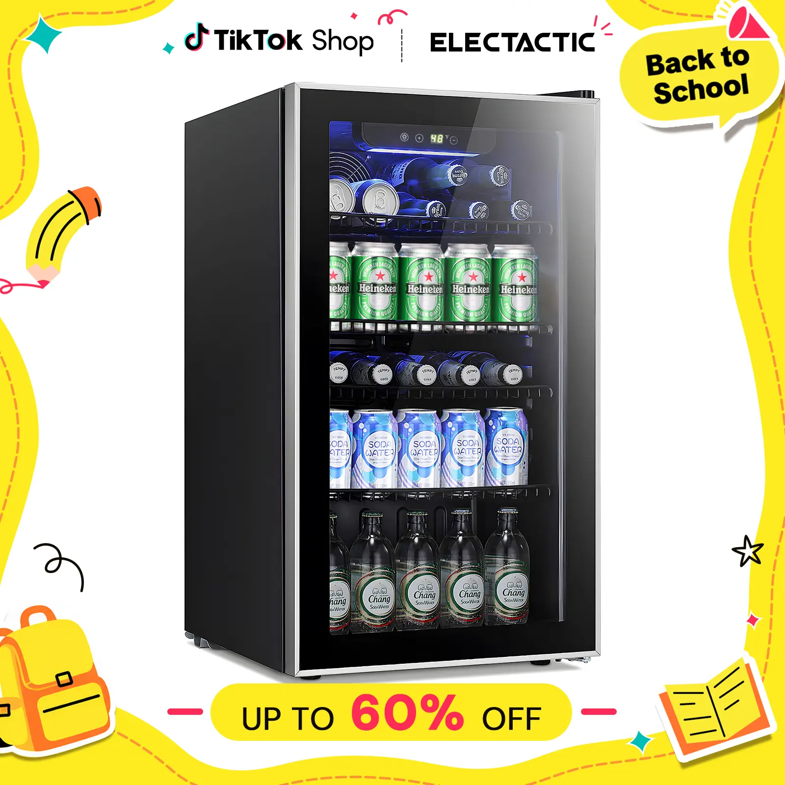 Electactic (26 Bottle 130 Can Wine Cooler/Cabinet--3.2Cu.ft) Beverage Refrigerator Cooler Fridge Glass Door for Soda Beer or Wine Constant Glass Door Small Drink Dispenser Clear Front Door for Home, Office Bar,0.64-4.4cu.ft Optional.
