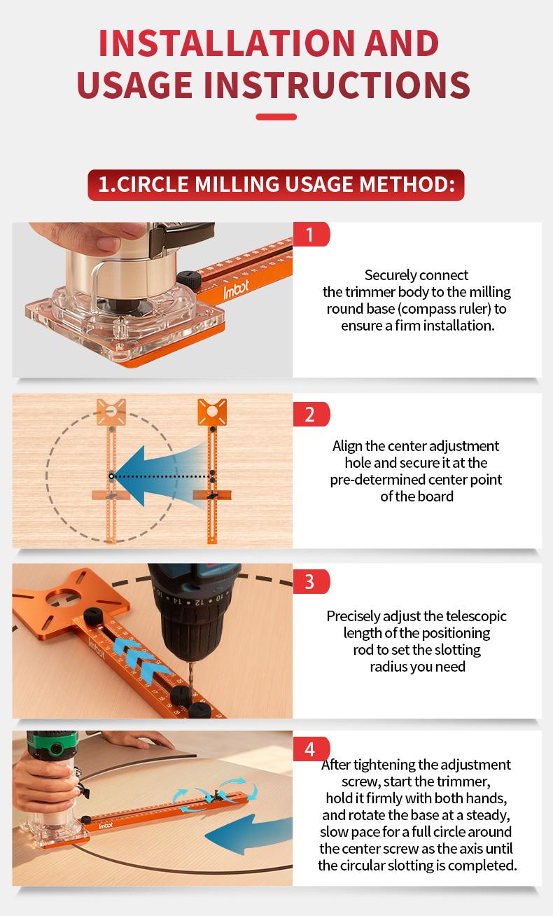 IMBOT Multi-function Router Jig – integrates milling, circle cutting, cabinet drilling, and guide functions in one aluminum alloy tool. Features adjustable radius for woodworking circle/arc cutting and precision grooving.