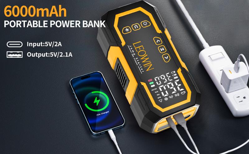 Jump Starter with Air Compressor, Battery Jumper Starter Portable(9.0 Gas/6.5L Diesel) with Tire Inflator, 12V Car Battery Jump Starter with Smart Jumper Cables, LED Light, LCD Display, Car Accessories Tools