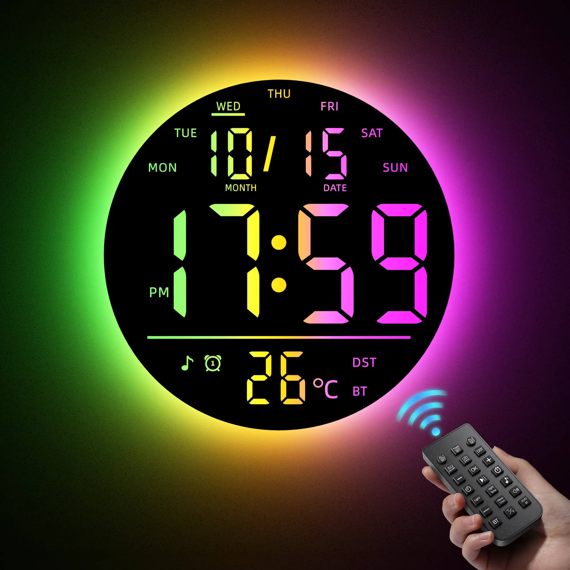 <Backtoschool>EASYERA 10" Large Circle Digital Wall Clock with Remote Control, Music-Sync, Round clock with RGB Atmosphere Lights with 11 Scenes Mode, Dual Alarms, Timer Clock for ADHD, Focus Tool, Classroom, Game Decor Goods Auto Dst Adjustment