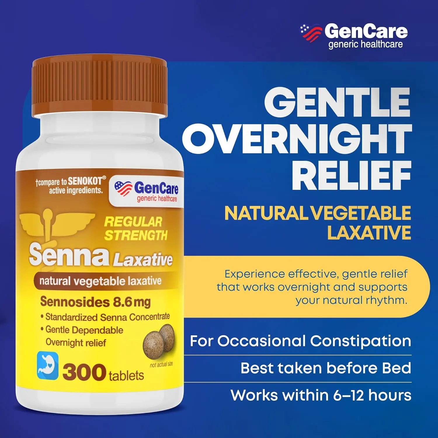 【HSA/FSA Eligible】GenCare Senna Laxative 300 Tablets Senna 8.6mg Tablets with Natural Sennosides | Laxatives for Constipation, Bloating, Gas & Irregularity Relief. Safe & Effective | Generic for Senokot