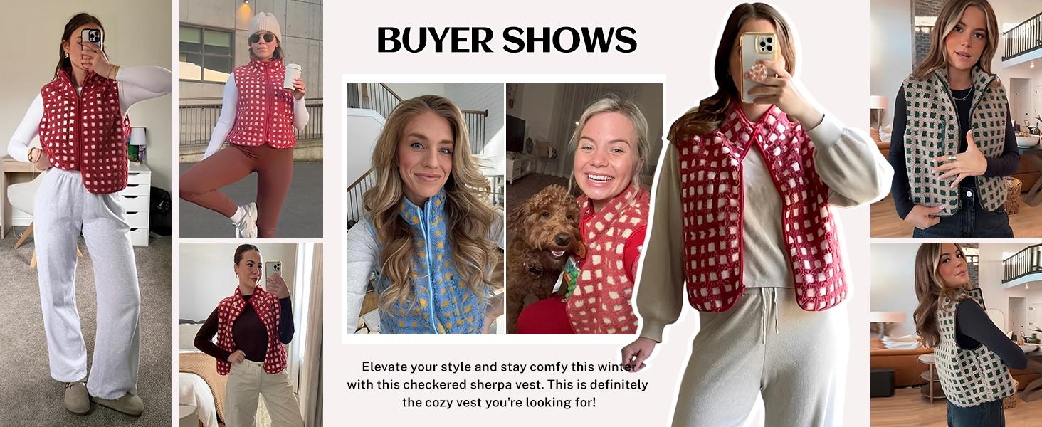 YeeZaa Checkered Sherpa Vest Sleeveless 2025 TikTokShopHolidayHaul Christmas Fall Winter Fleece Jacket TikTokShopBlackFriday High Neck Zip Up Plaid Gilet Top Crochet Collared Autumn Checker Vest with Chest Pocket