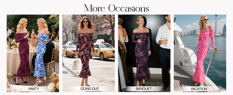 MEROKEETY Women's Fall Off Shoulder Floral Maxi Dresses Formal Long Sleeve Bodycon Cocktail Wedding Guest Dress