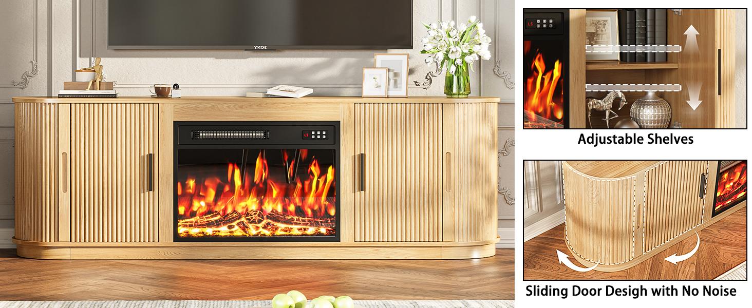 PUKAMI 70" Fluted TV Stand with 23" Electric Fireplace, Modern Wood Cabinet with Fireplace for TVs Up to 80 inches, Curved Edge, Entertainment Center with Sliding Doors for Living Room, Natural Wood