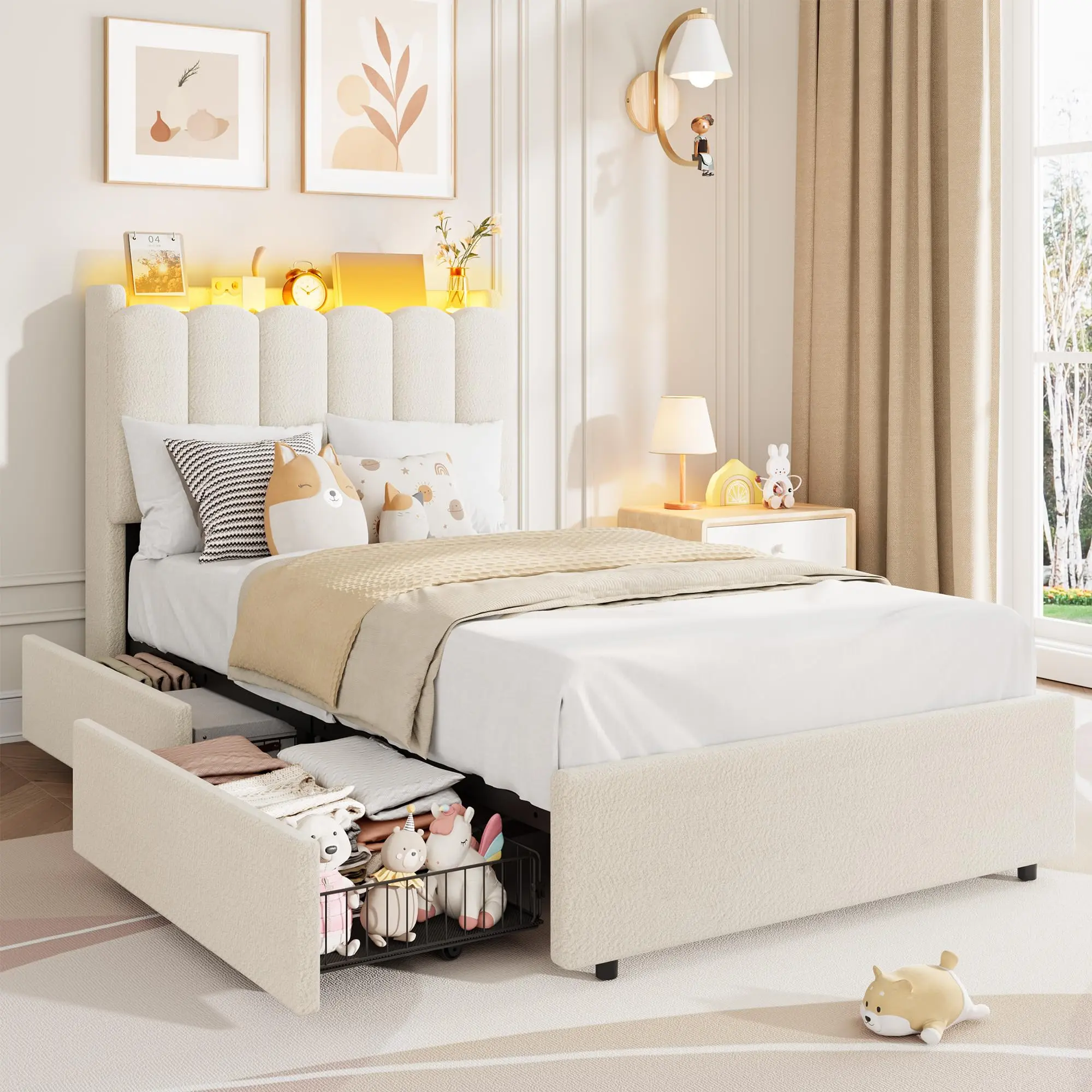 Gaomon Twin Size Heavy Duty Boucle Fabric Upholstered Platform Bed - 800 lbs Capacity, Fabric Upholstered Multifunctional Headboard with Bookcase, 2 Drawers, RGB LED Light, Silent, Quick & Easy Setup, No Box Spring Needed, White, Kids Room