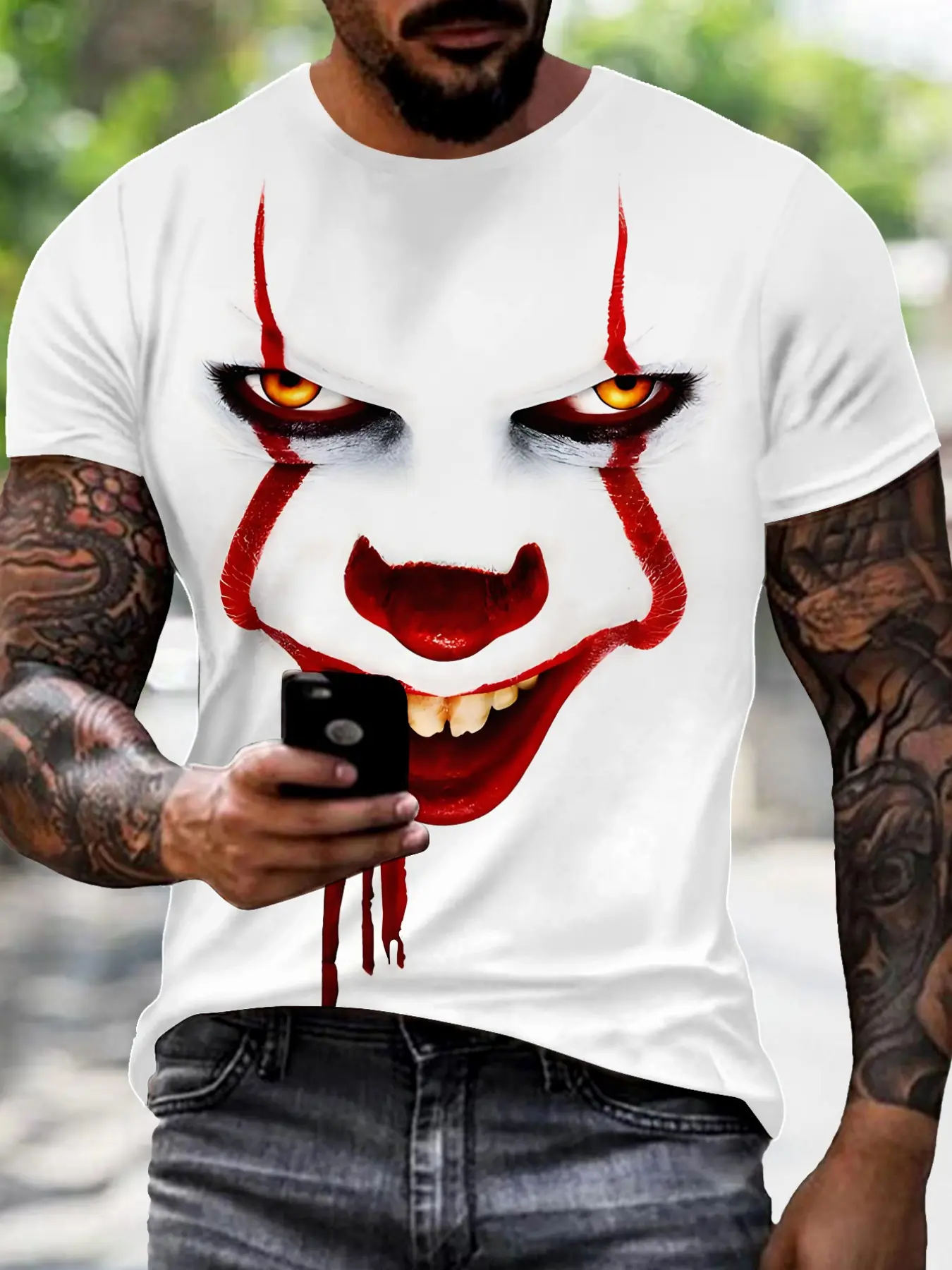 Men's Horror Clown Print T-Shirt, Casual Graphic Tee, Halloween Pennywise Bloody Funny Short Sleeve Fitted Top, Streetwear Casual Fashion Comfortable Design, Ideal Gift Choice, Menswear