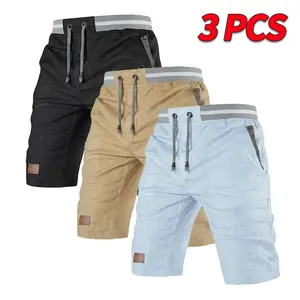 Men’s summer casual Bermuda shorts, two-pack; adjustable elastic waistband with drawstring; striped pockets; leather patch decoration; breathable and comfortable; suitable for outdoor everyday wear and versatile Plain Menswear Menswear