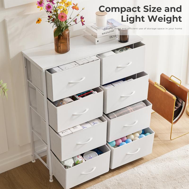 【New Color】Dresser for Bedroom Drawer Dresser Organizer Storage Drawers Fabric Storage Tower, Chest of Drawers with 8 Fabric Bins, Steel Frame, Wooden Top