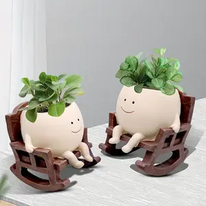 Smily Face Planter Pot, 1 Piece Cartoon Design Resin Pot for Indoor Plants, Cute Sit Rocking Chair Succulent Flower Pots with Drain Hole, Decorative Flower Pot for Home Office Desk, Swinging PlanterGift