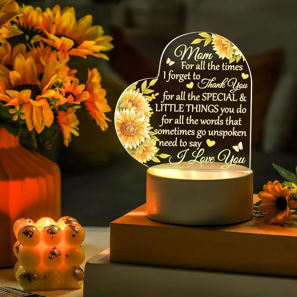 Solar-Powered Acrylic Sunflower Heart Flower Lamp - LED Light Up Decorative LED Light, Warm Cozy Ambiance, Farmhouse Table/Nightstand Home Accessory, Mother's Day Gift, Halloween Decor