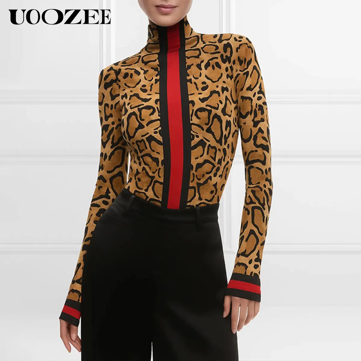 UOOZEE Women's High Neck Spandex Casual Blouse - Retro Leopard Print, Striped Contrast Binding, Skinny Fit, Foldable, Stretch Fabric, Medium Length, for Commuting, Thanksgiving, Easter, Colorblock Design, S Size Note