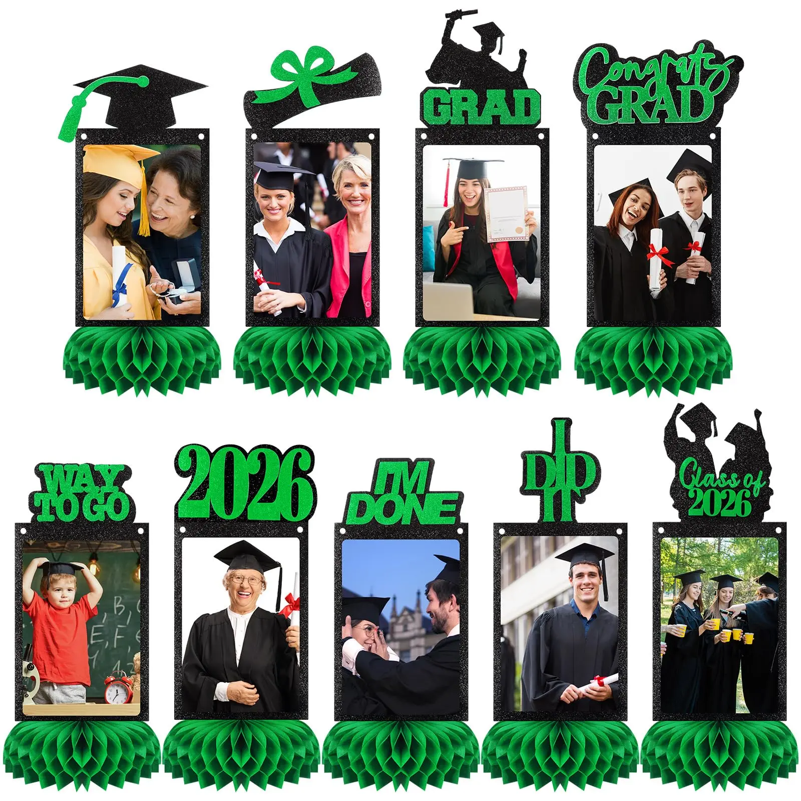 9 Pcs Graduation Centerpieces with Honeycomb Base for Class of 2026, Fit 4x6in Photo Glitter Graduation Table Centerpieces Hanging Party Supplies for High School College Graduation Gifts